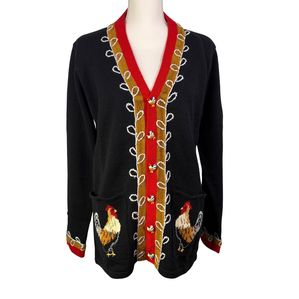 Storybook Knits Rooster Cardigan Womens M Black Kitschy Novelty Sweater